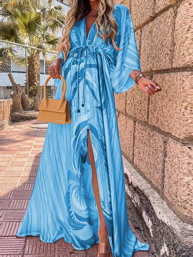 Women's light pink abstract print maxi dress with kimono sleeves