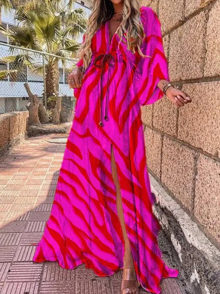 Women's light pink abstract print maxi dress with kimono sleeves