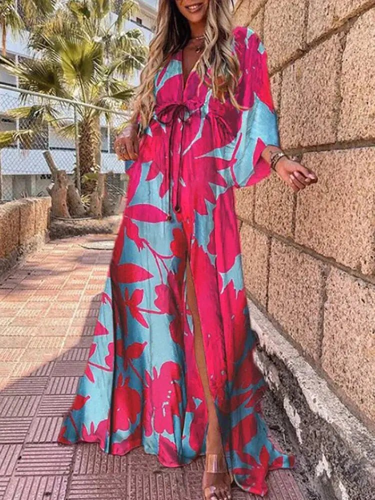 Women's light pink abstract print maxi dress with kimono sleeves