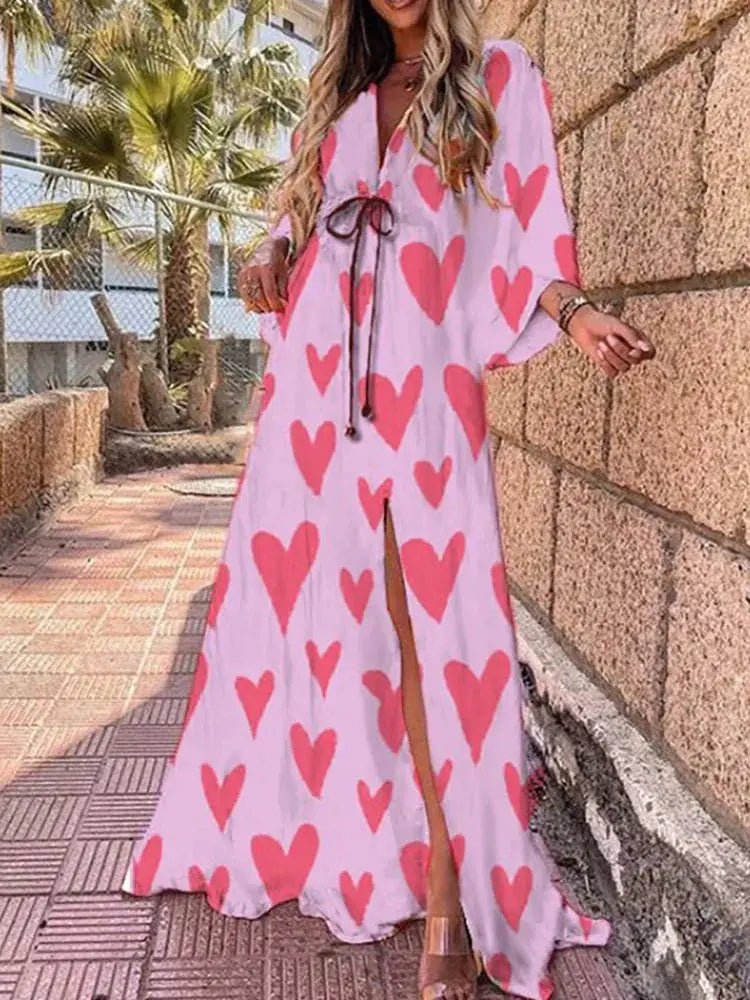 Women's light pink abstract print maxi dress with kimono sleeves