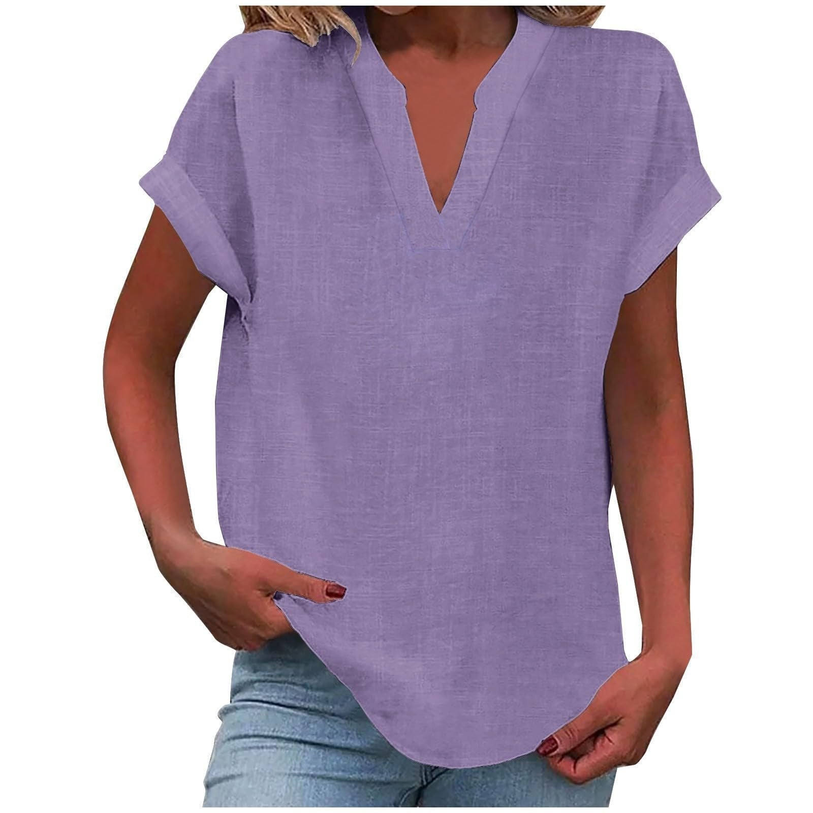 Women's light purple V-neck blouse with short sleeves