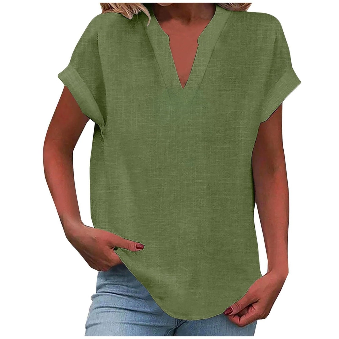 Women's pink V-neck blouse with short sleeves