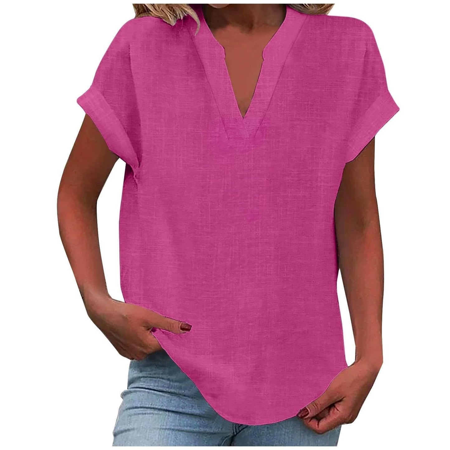 Women's pink V-neck blouse with short sleeves