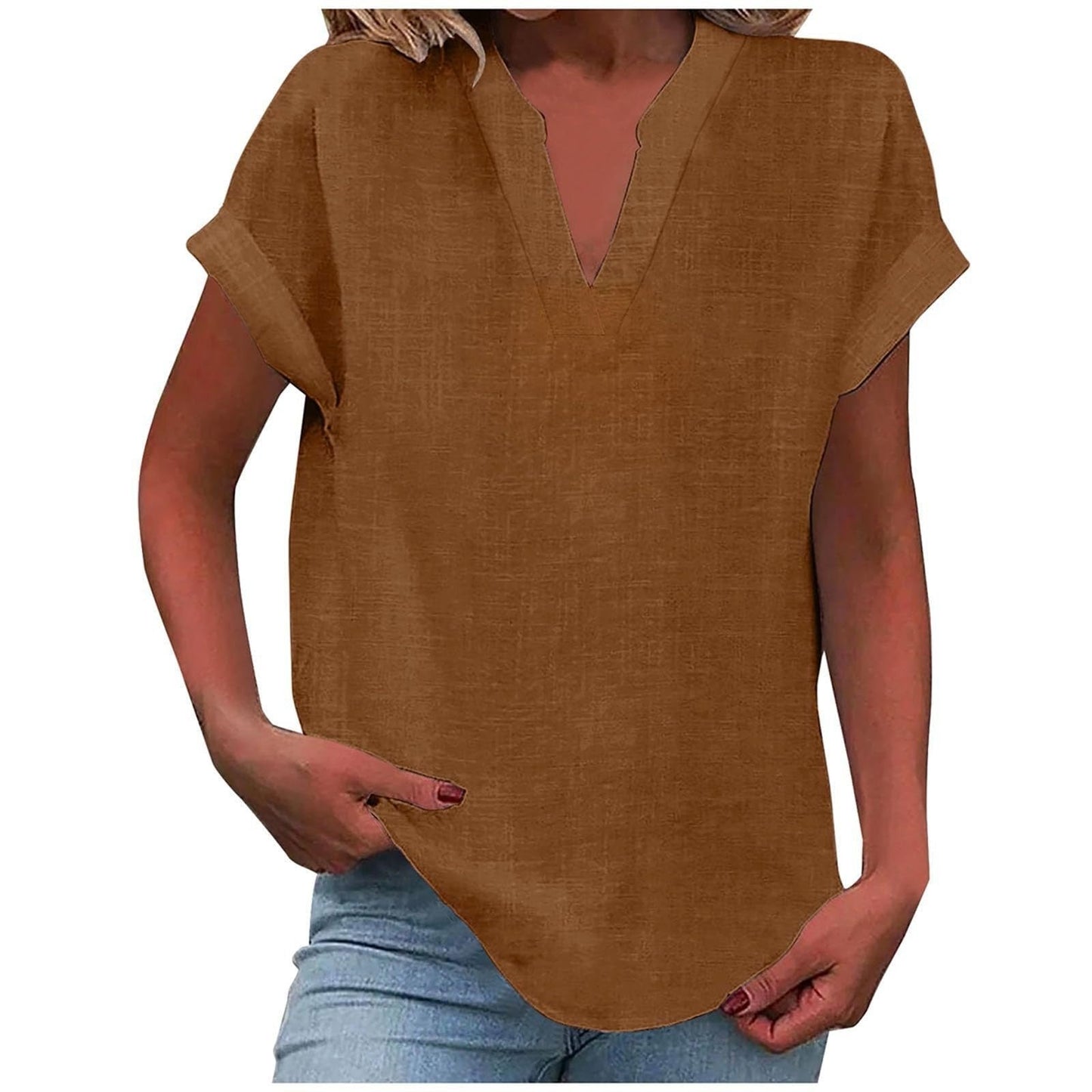 Women's pink V-neck blouse with short sleeves