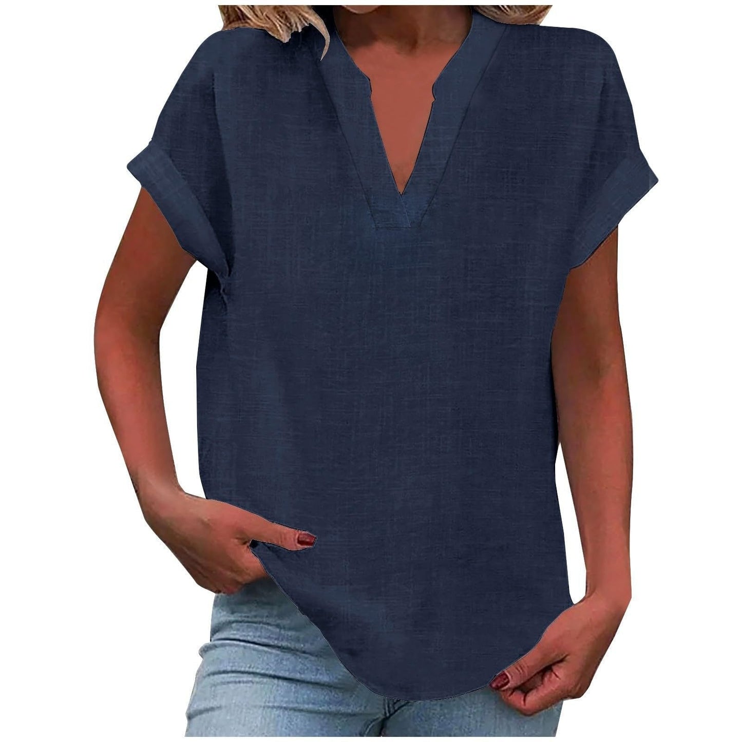 Women's pink V-neck blouse with short sleeves