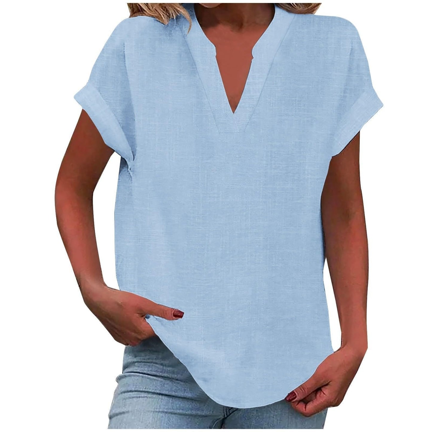 Women's light purple V-neck blouse with short sleeves