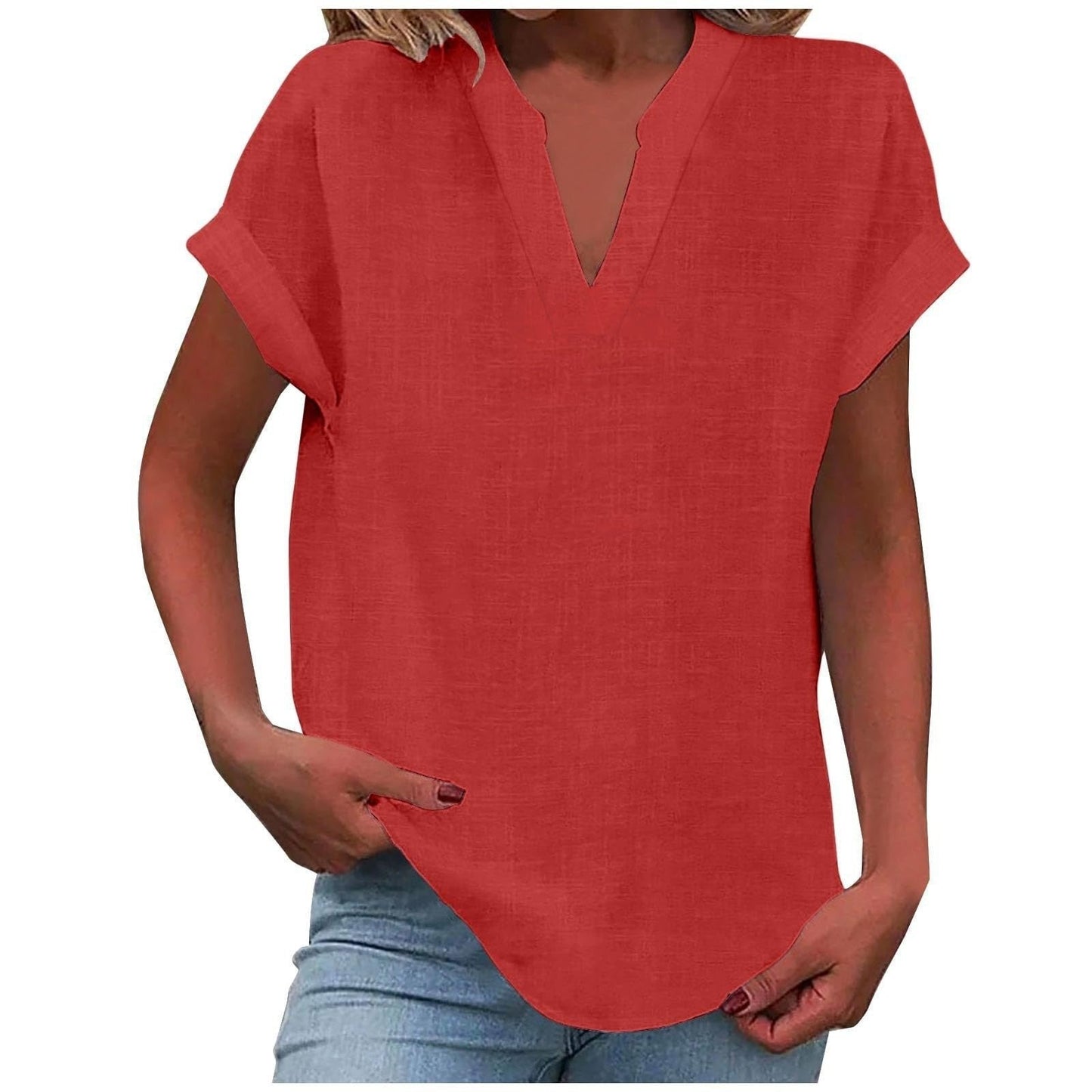 Women's light purple V-neck blouse with short sleeves