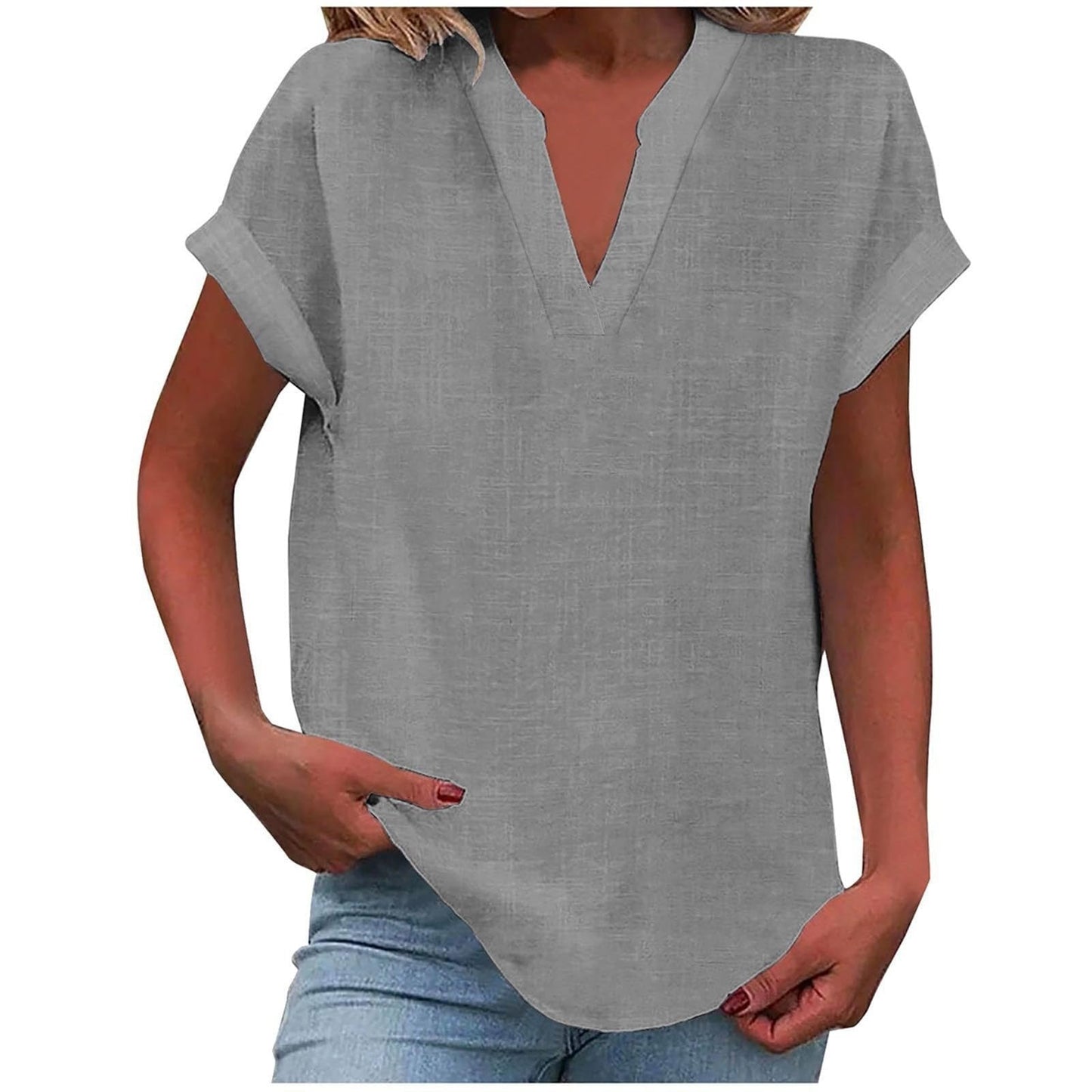 Women's light purple V-neck blouse with short sleeves