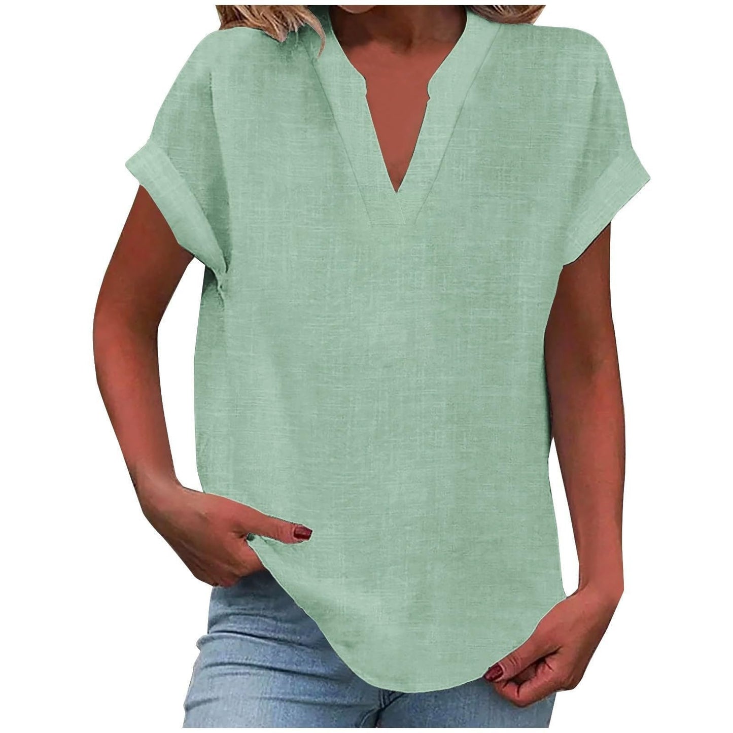 Women's light purple V-neck blouse with short sleeves