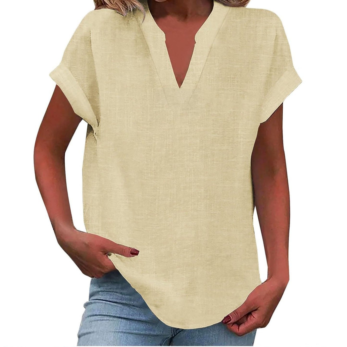 Women's light purple V-neck blouse with short sleeves