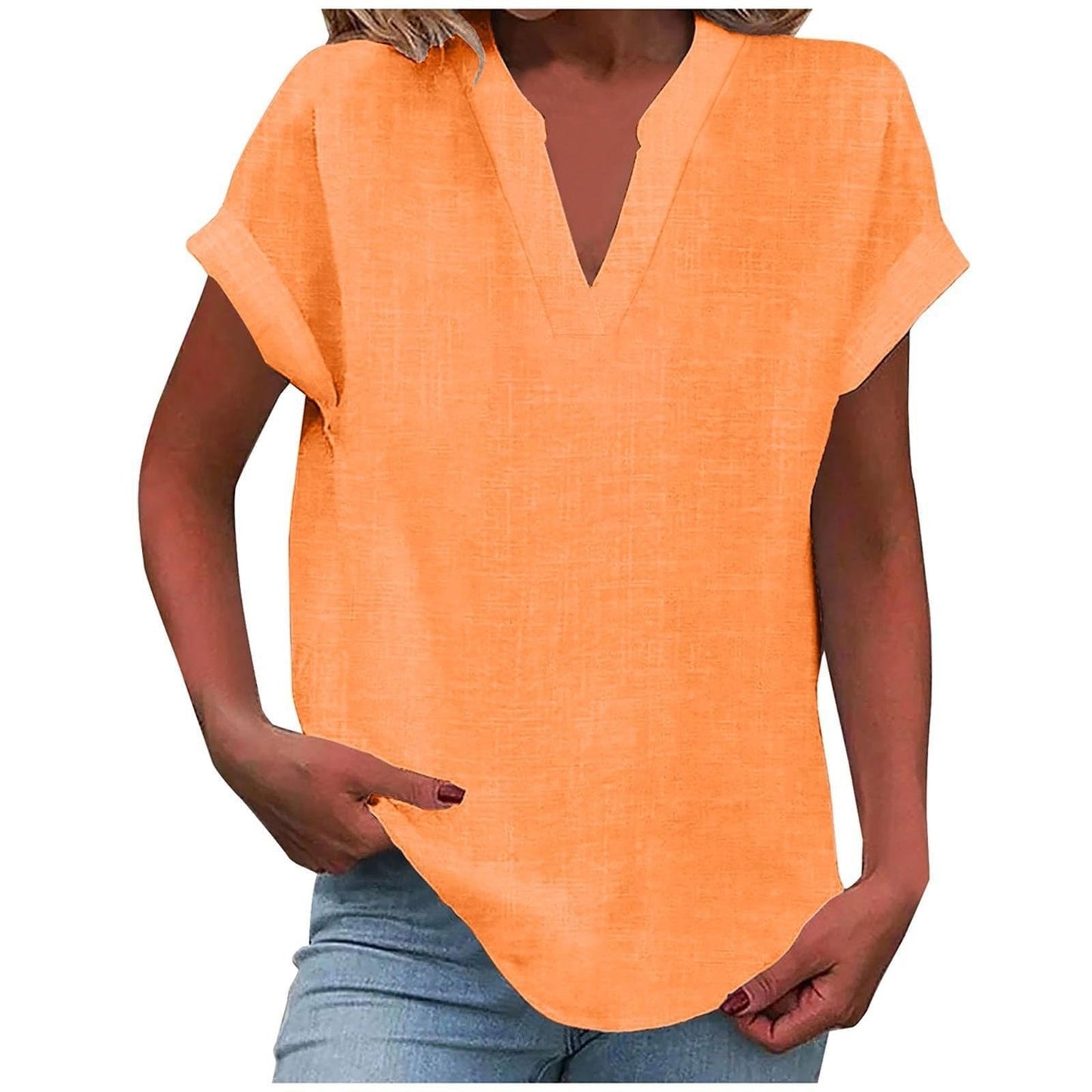 Women's pink V-neck blouse with short sleeves
