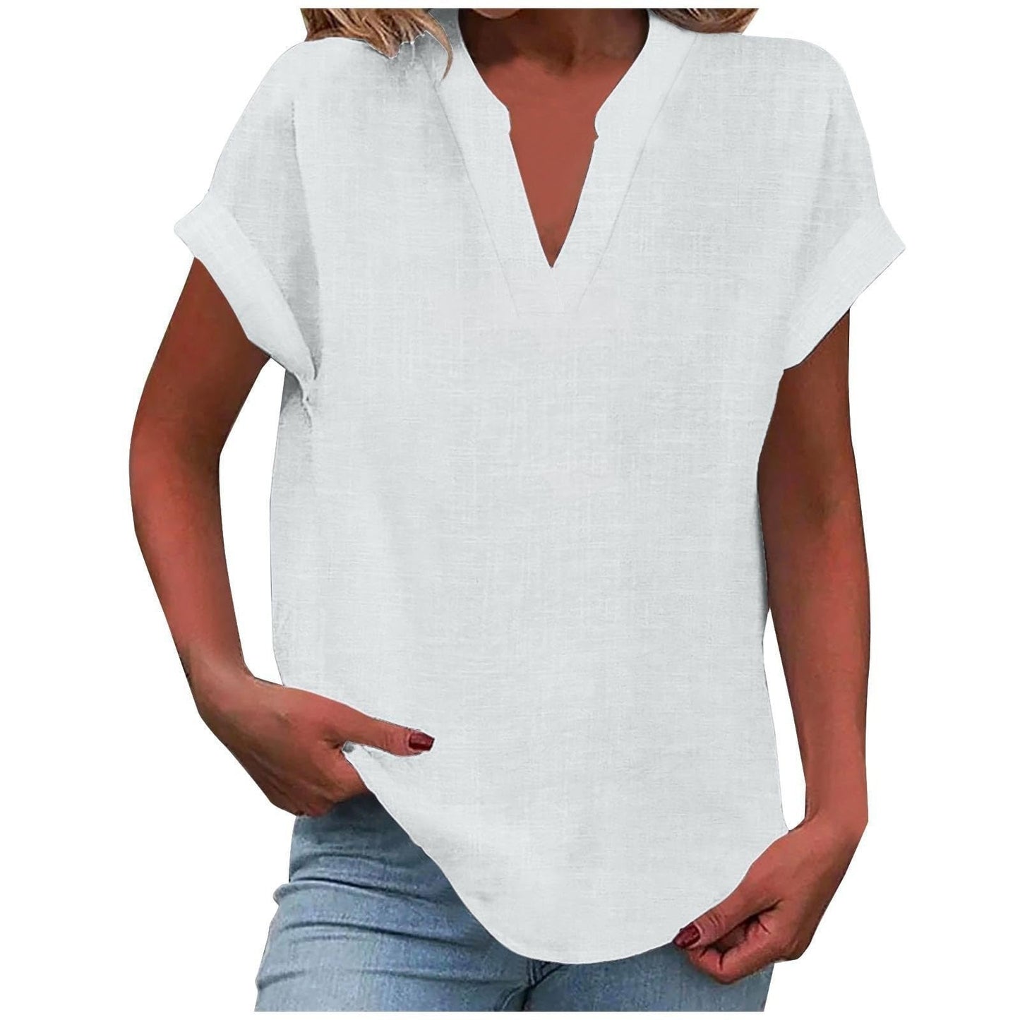 Women's pink V-neck blouse with short sleeves