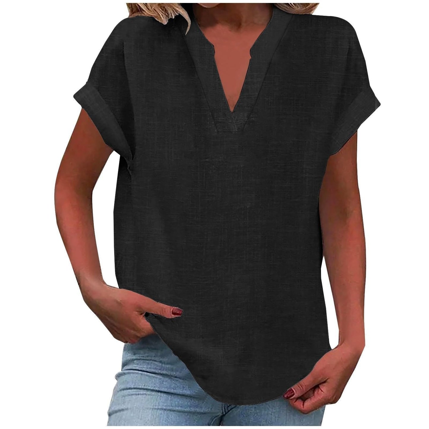 Women's pink V-neck blouse with short sleeves