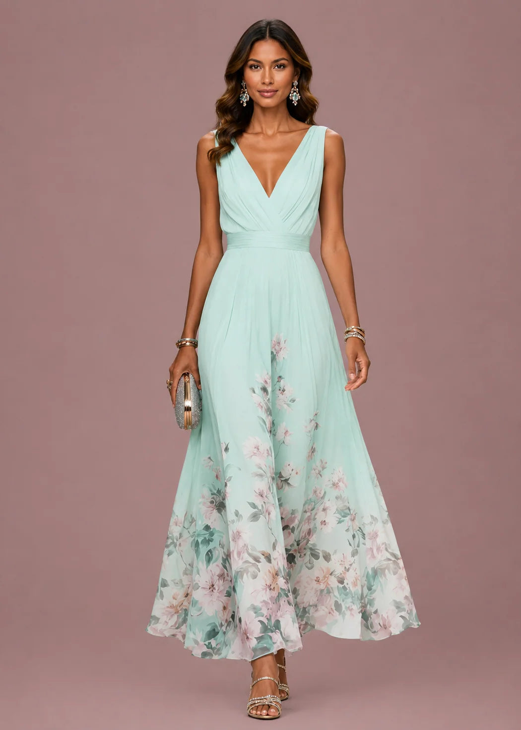 Lightgreen Floral A-Line Wedding Guest Maxi Dress with V-Neckline