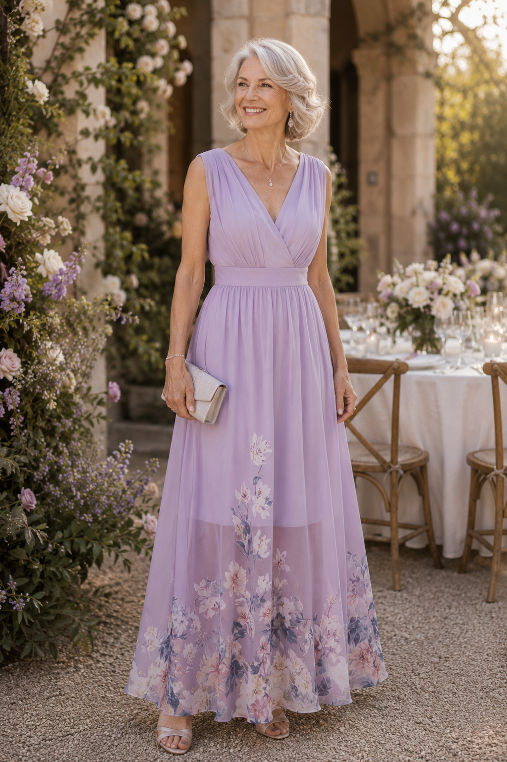 Purple Floral A-Line Wedding Guest Maxi Dress with V-Neckline