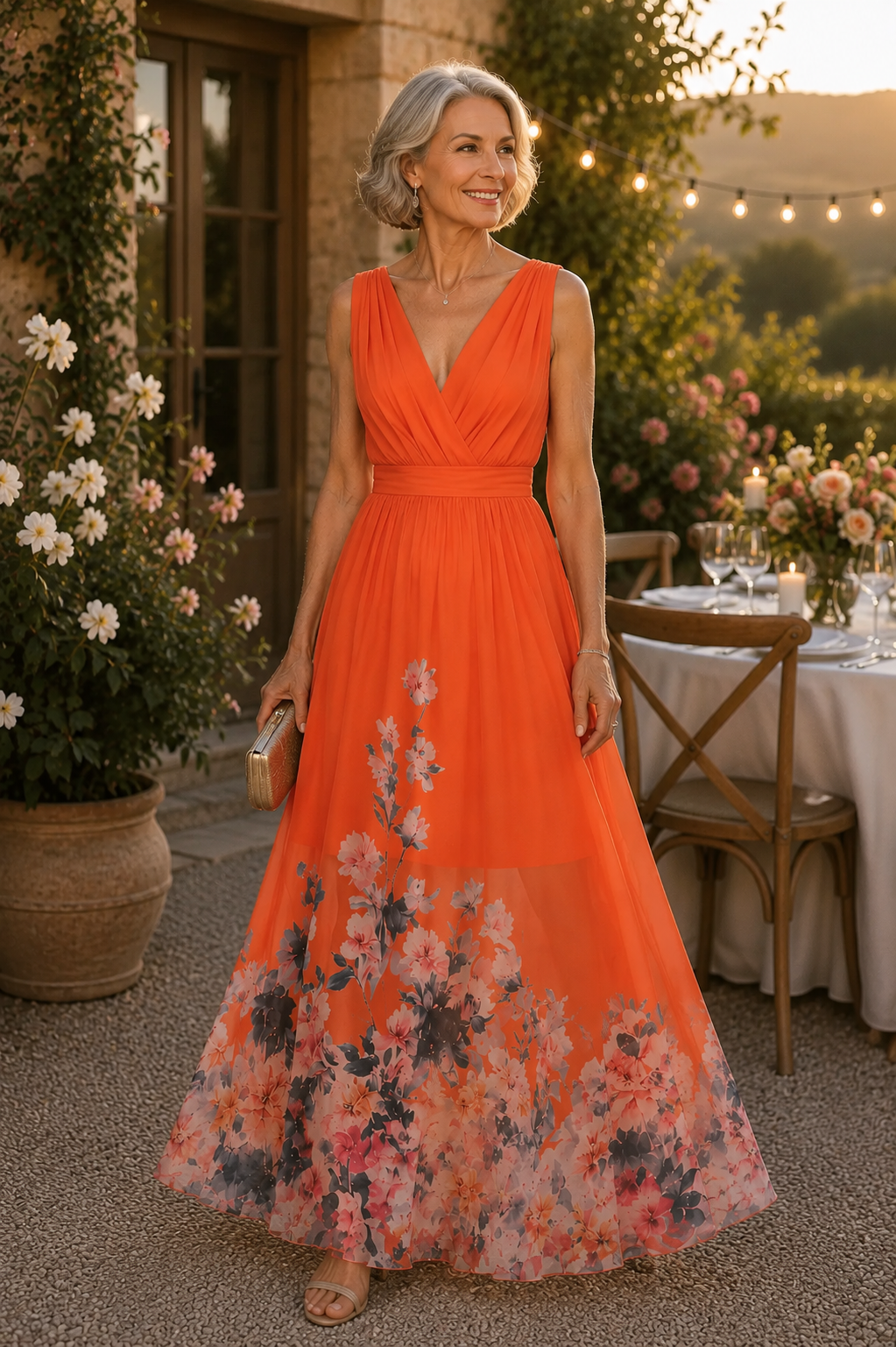 Orange Floral A-Line Wedding Guest Maxi Dress with V-Neckline