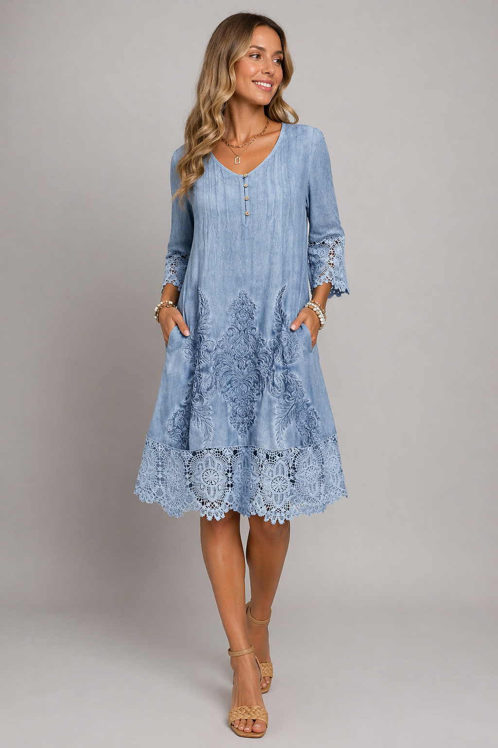 Midi Dress With Lace Details And 3/4 Sleeves 1