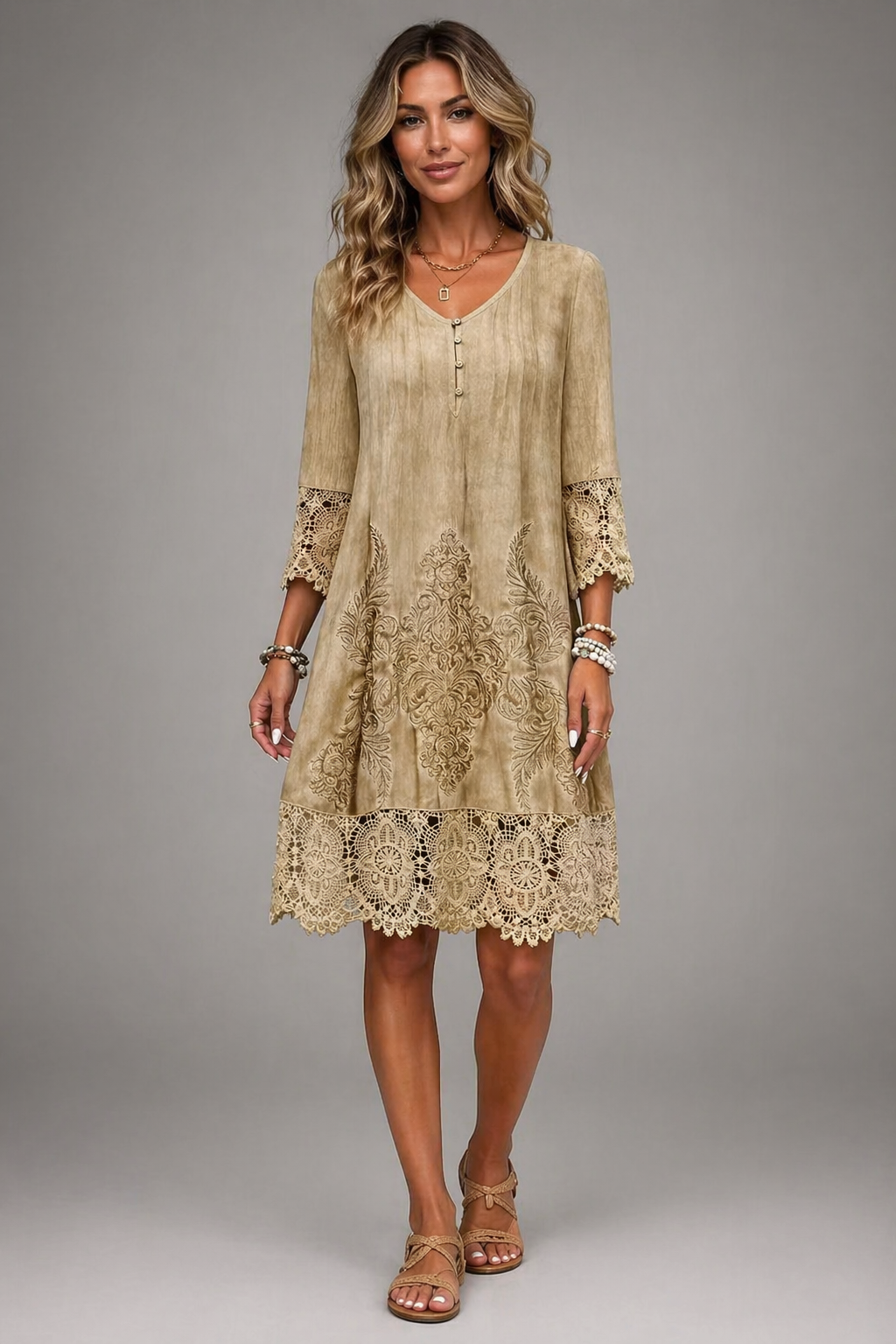 Midi Dress With Lace Details And 3/4 Sleeves 2