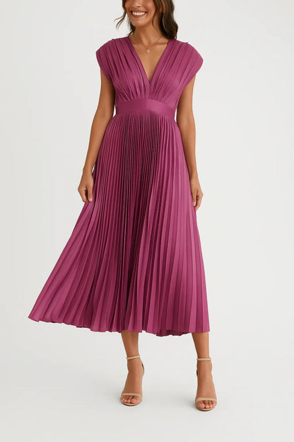 Midi Dress With Pleated Design And V-Neck 0