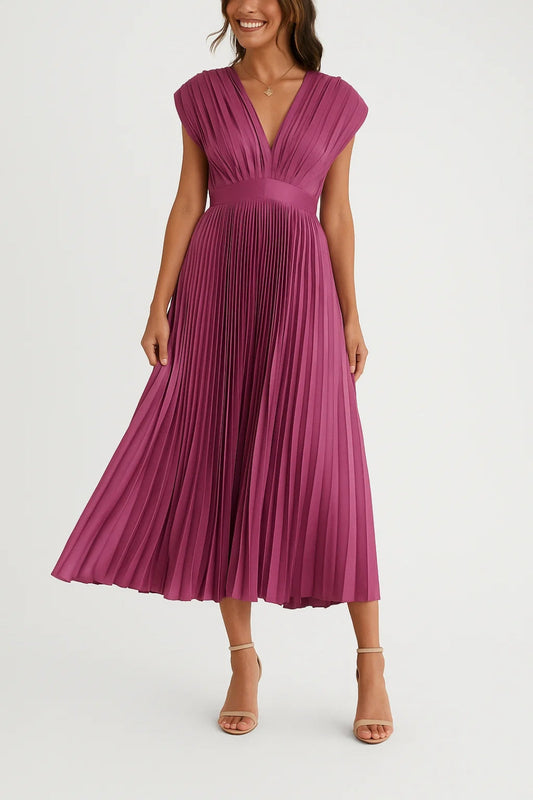 Midi Dress With Pleated Design And V-Neck 0