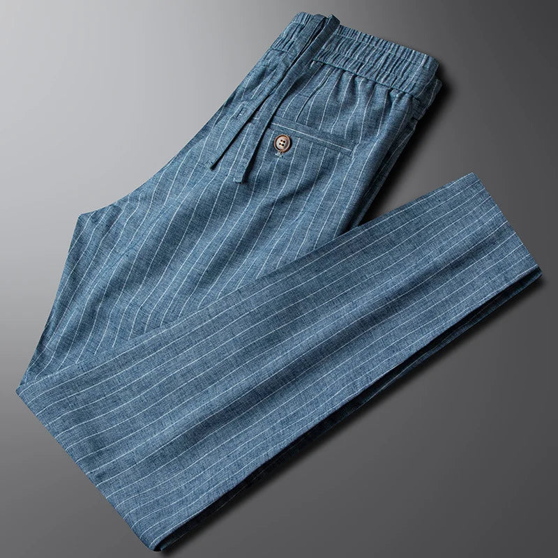 Men's blue cotton linen drawstring pants