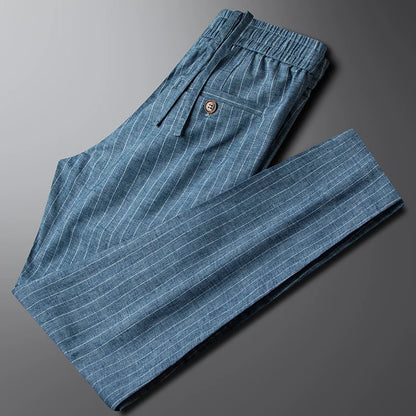 Men's blue cotton linen drawstring pants