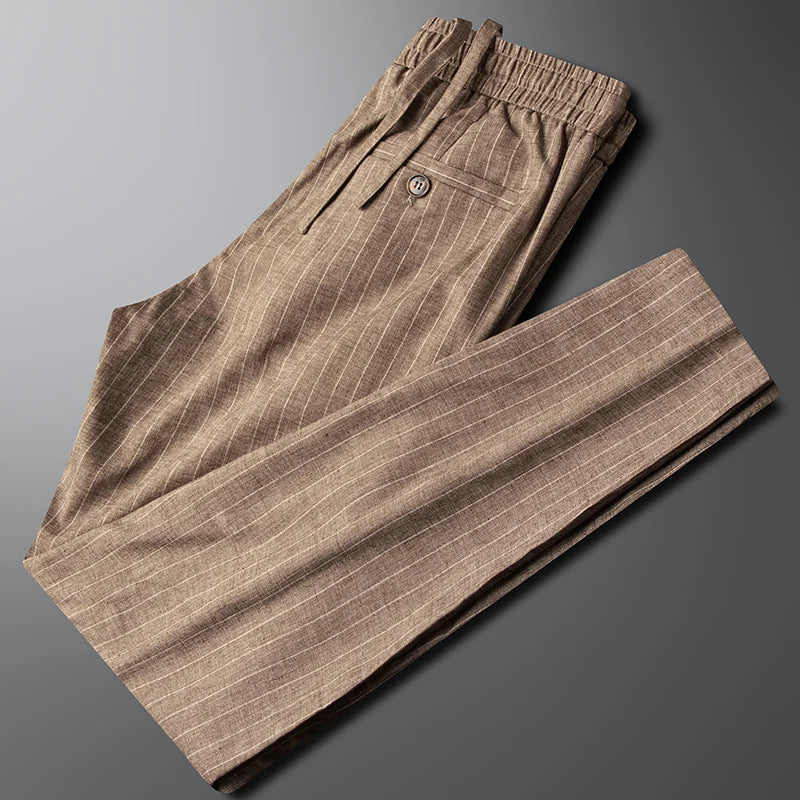Men's camel cotton linen drawstring pants