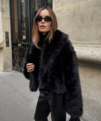 Ophelia | Wide-Lapel Midi Faux Fur Coat with Hook-and-Eye Front