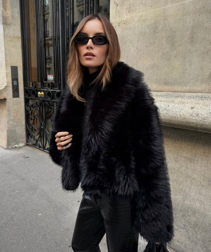 Black Wide-Lapel Midi Faux Fur Coat with Hook-and-Eye Front
