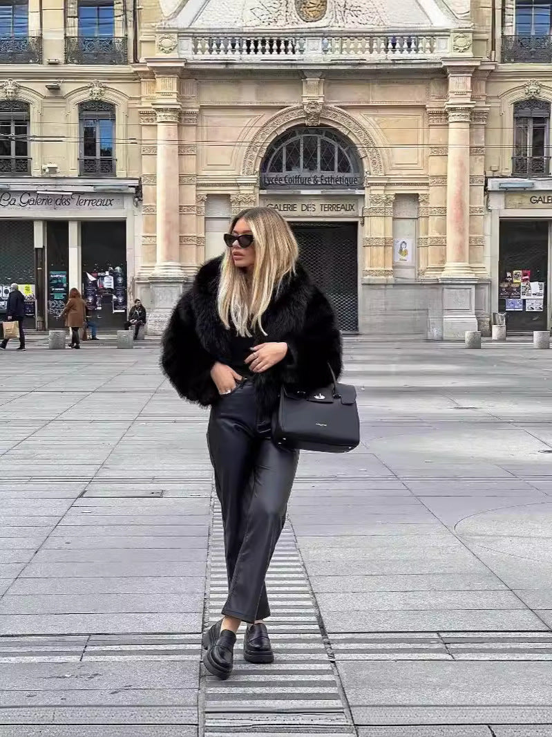 Wide-Lapel Midi Faux Fur Coat with Hook-and-Eye Front