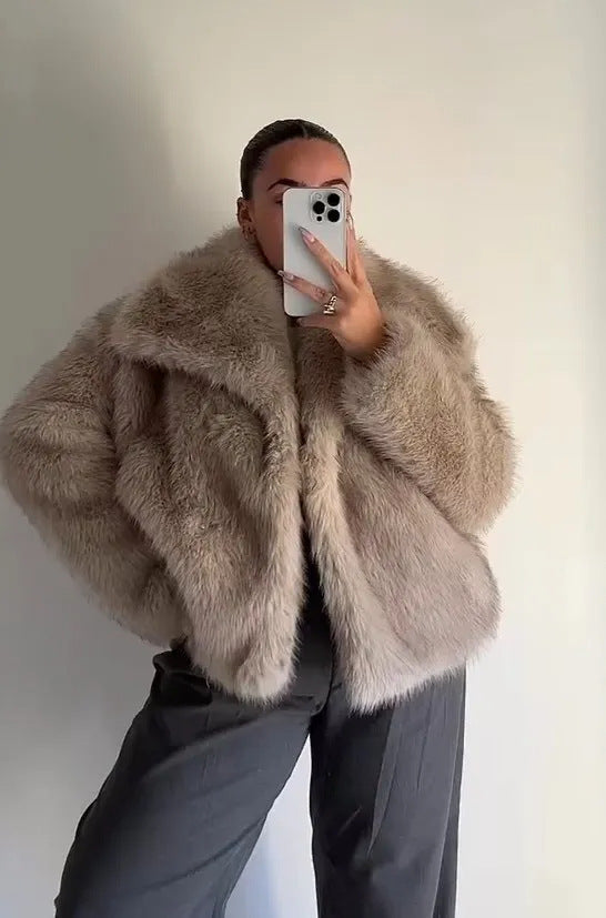 Beige Wide-Lapel Midi Faux Fur Coat with Hook-and-Eye Front