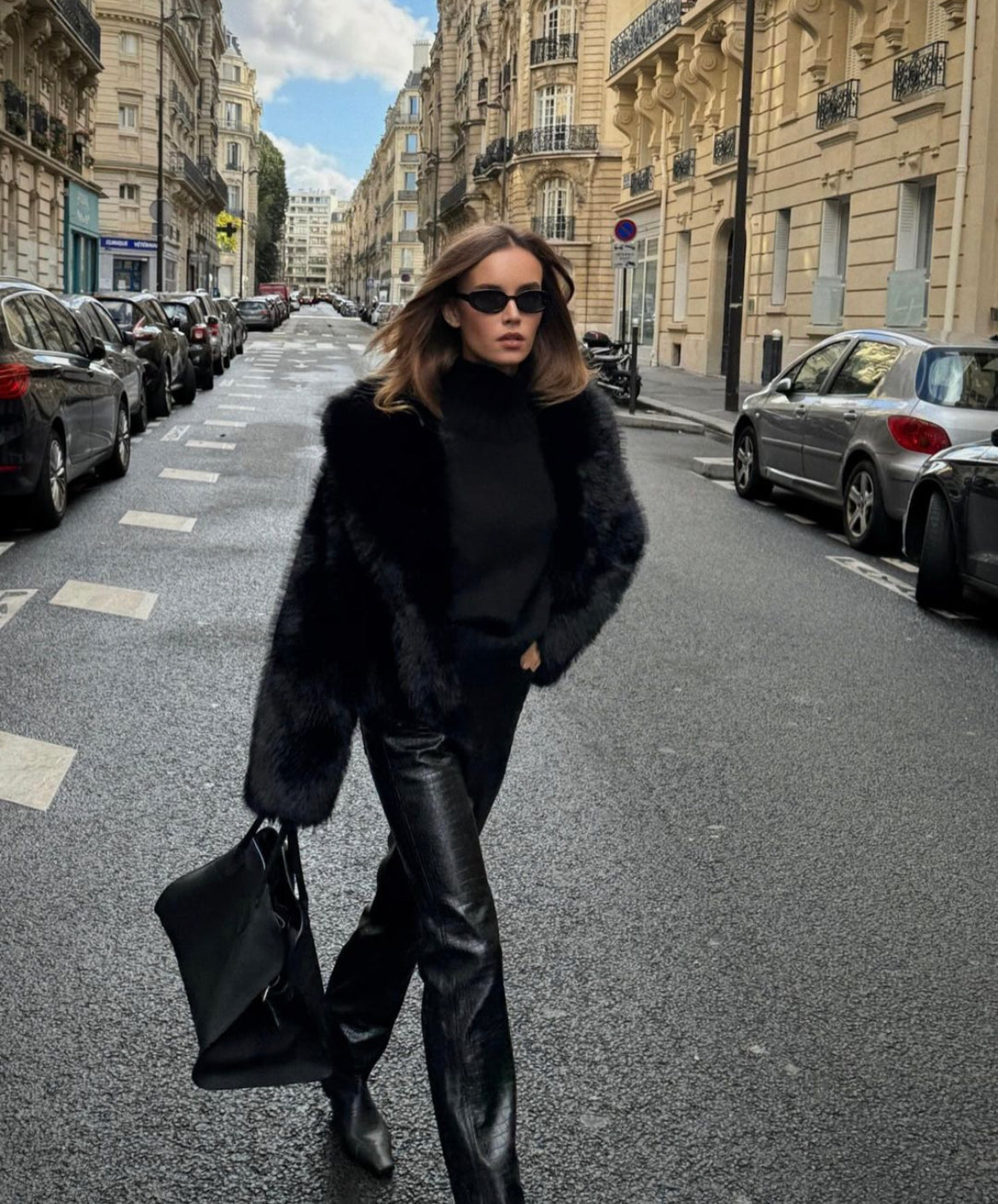 Wide-Lapel Midi Faux Fur Coat with Hook-and-Eye Front – view 2