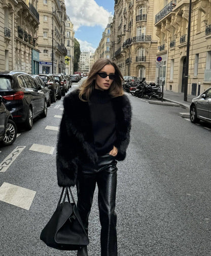 Wide-Lapel Midi Faux Fur Coat with Hook-and-Eye Front – view 3