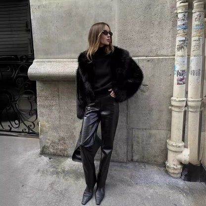 Wide-Lapel Midi Faux Fur Coat with Hook-and-Eye Front – view 4