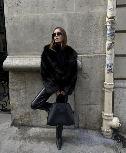 Wide-Lapel Midi Faux Fur Coat with Hook-and-Eye Front – view 5
