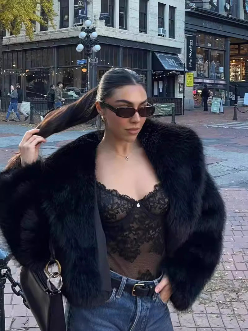 Wide-Lapel Midi Faux Fur Coat with Hook-and-Eye Front – view 7