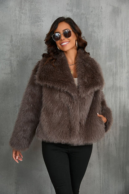 Brown Wide-Lapel Midi Faux Fur Coat with Hook-and-Eye Front