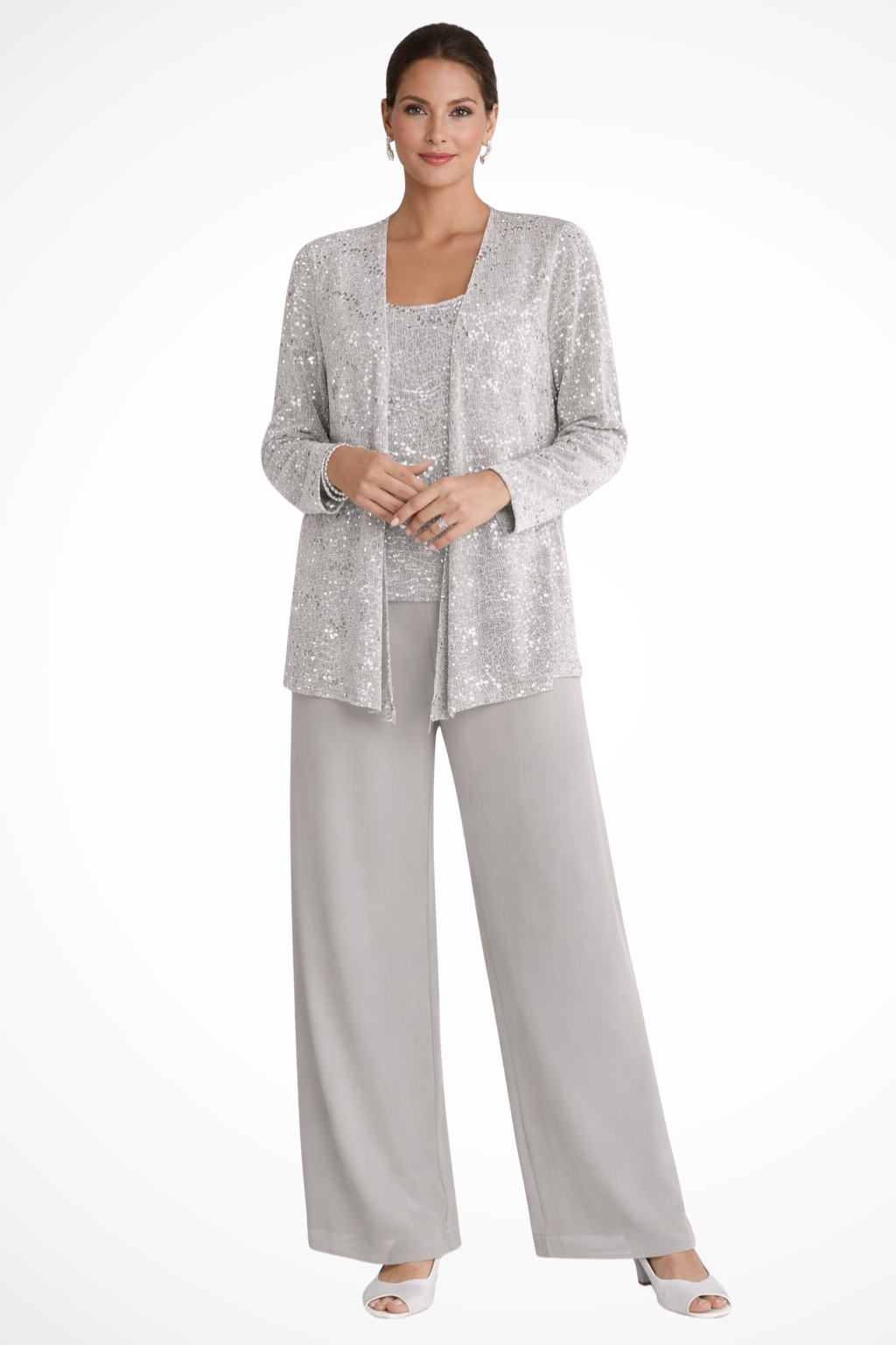 Women's silver 3 piece wide leg wedding guest pant suit
