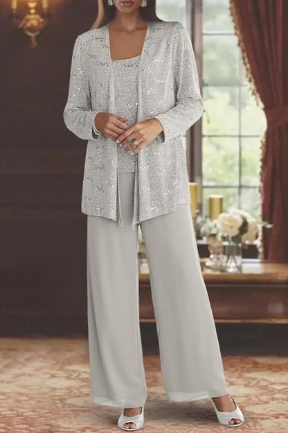 Women's silver 3 piece wide leg wedding guest pant suit