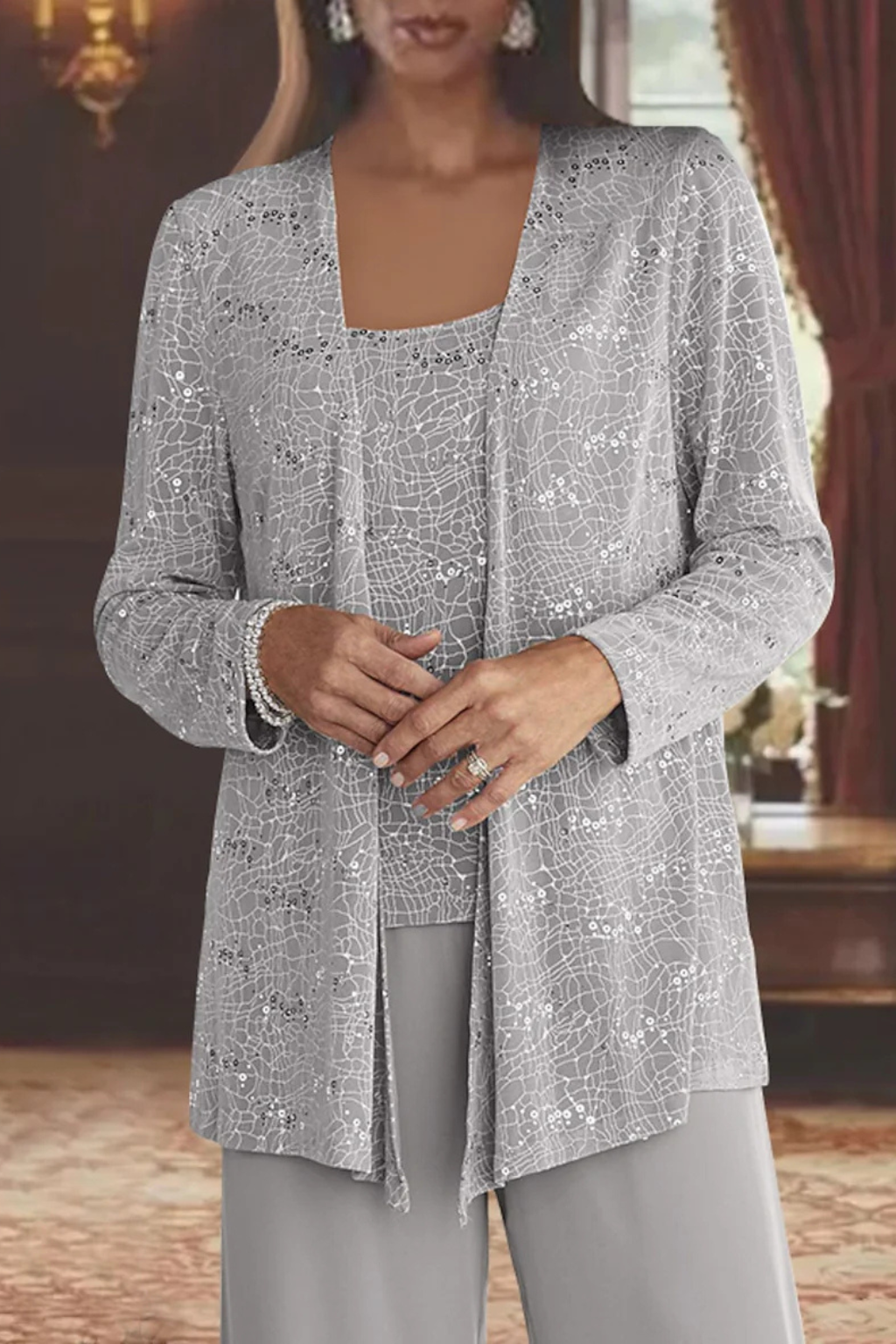 Women's silver 3 piece wide leg wedding guest pant suit