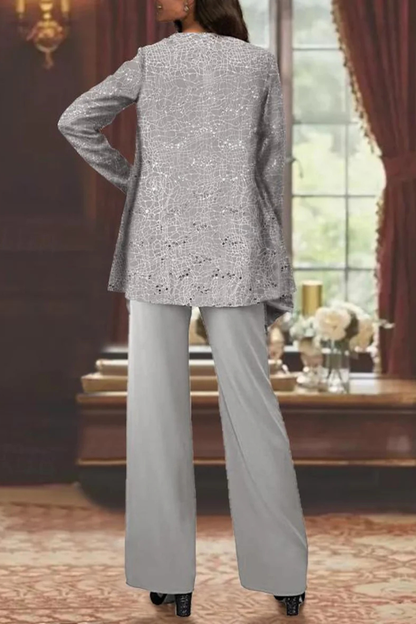 Women's silver 3 piece wide leg wedding guest pant suit