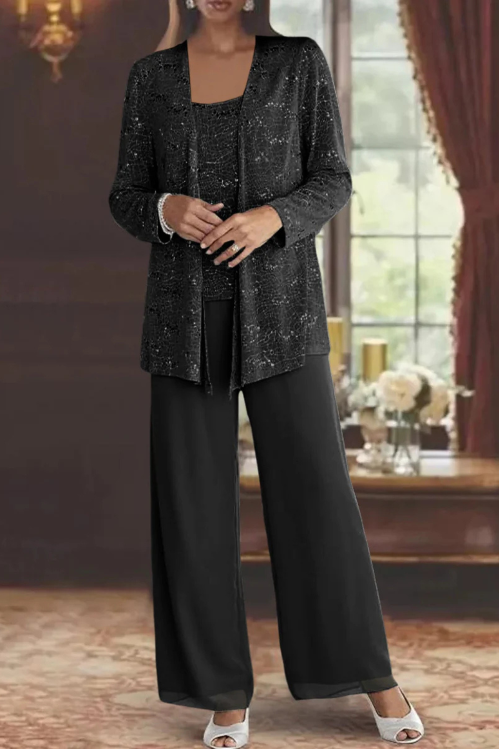 Women's silver 3 piece wide leg wedding guest pant suit