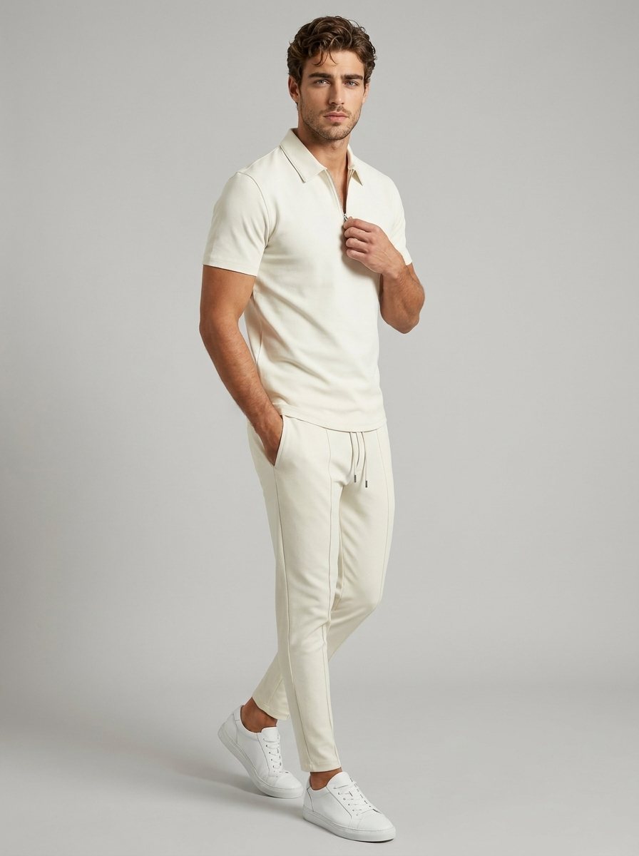 Men's beige Zip Polo and Pants Matching Set