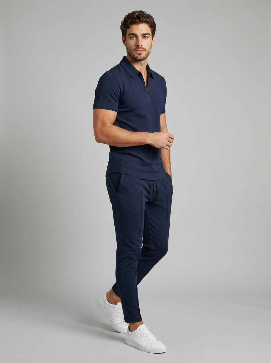 Men's beige Zip Polo and Pants Matching Set