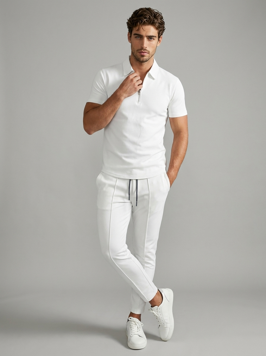 Men's beige Zip Polo and Pants Matching Set