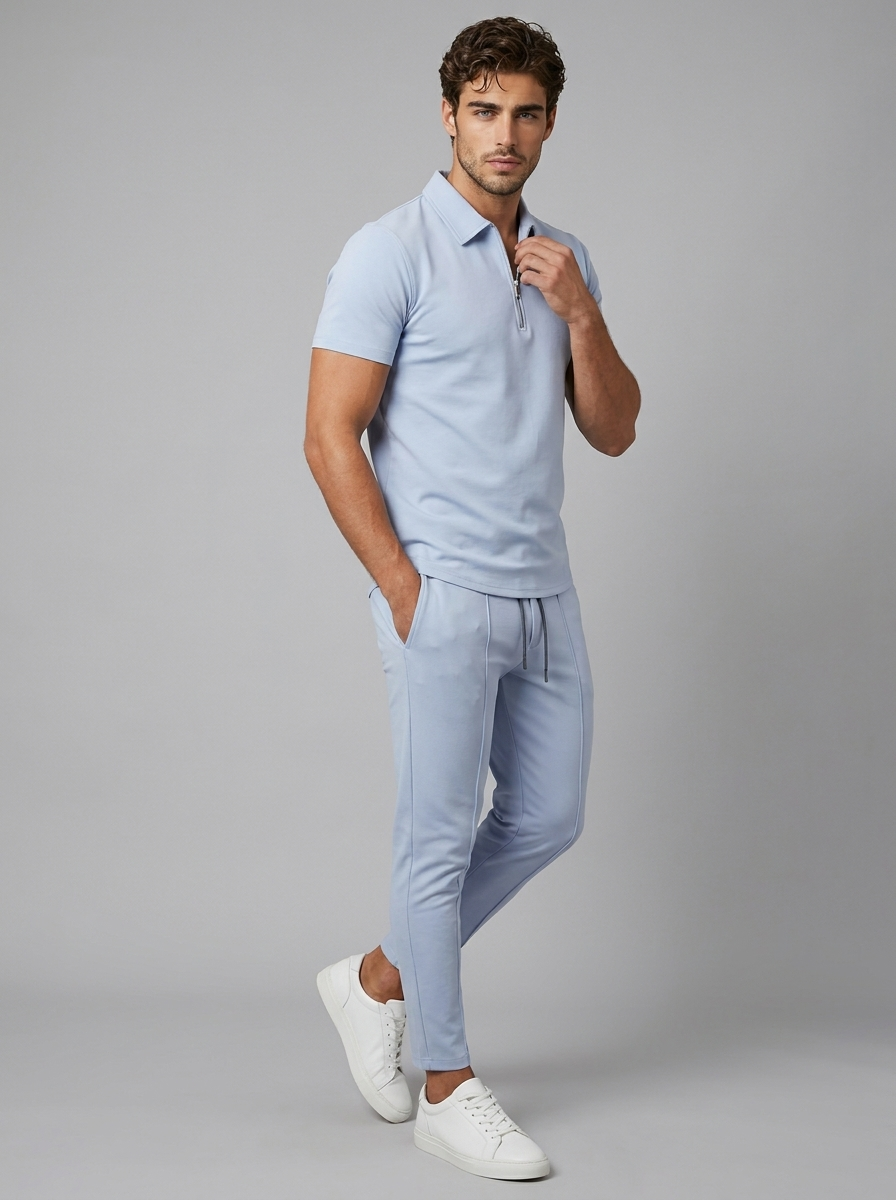 Men's beige Zip Polo and Pants Matching Set