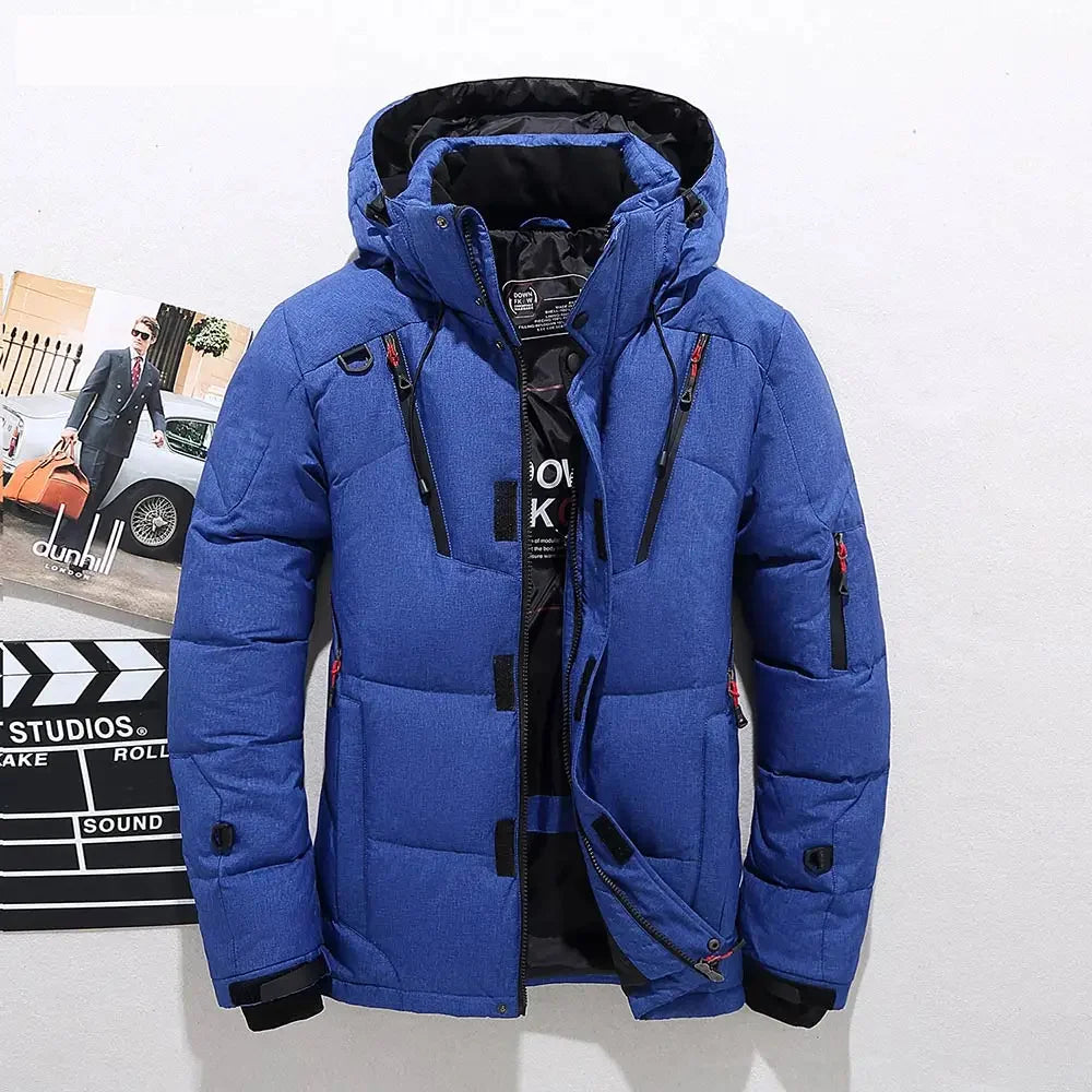 Blue duck down puffer jacket with detachable hood