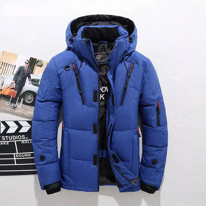 Blue duck down puffer jacket with detachable hood