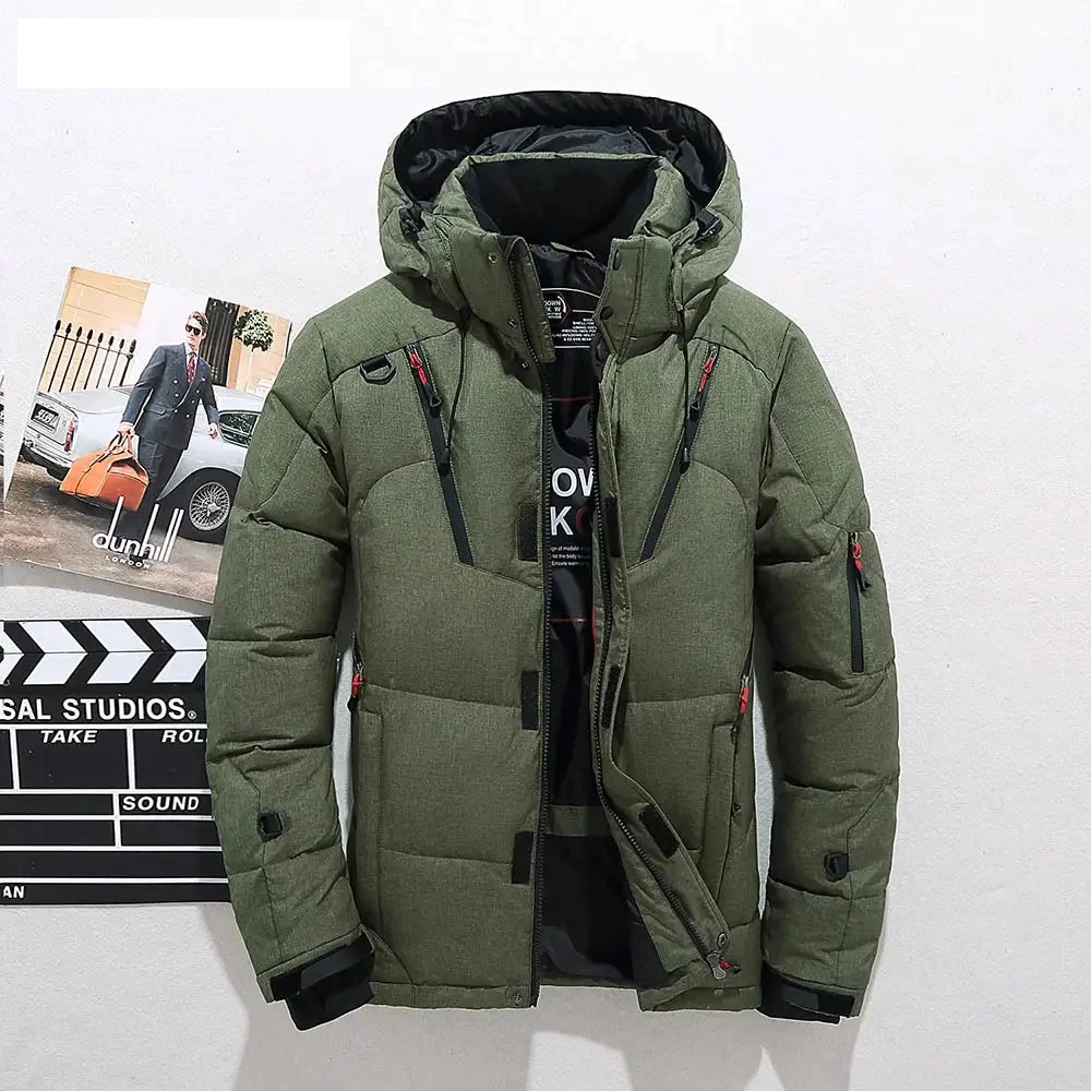 Navy green duck down puffer jacket with detachable hood