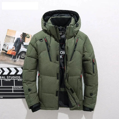 Navy green duck down puffer jacket with detachable hood